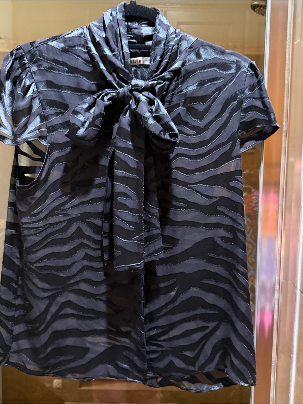 Alice + Olivia Navy Zebra-Stripe Short Sleeve Blouse with Scarf Detail